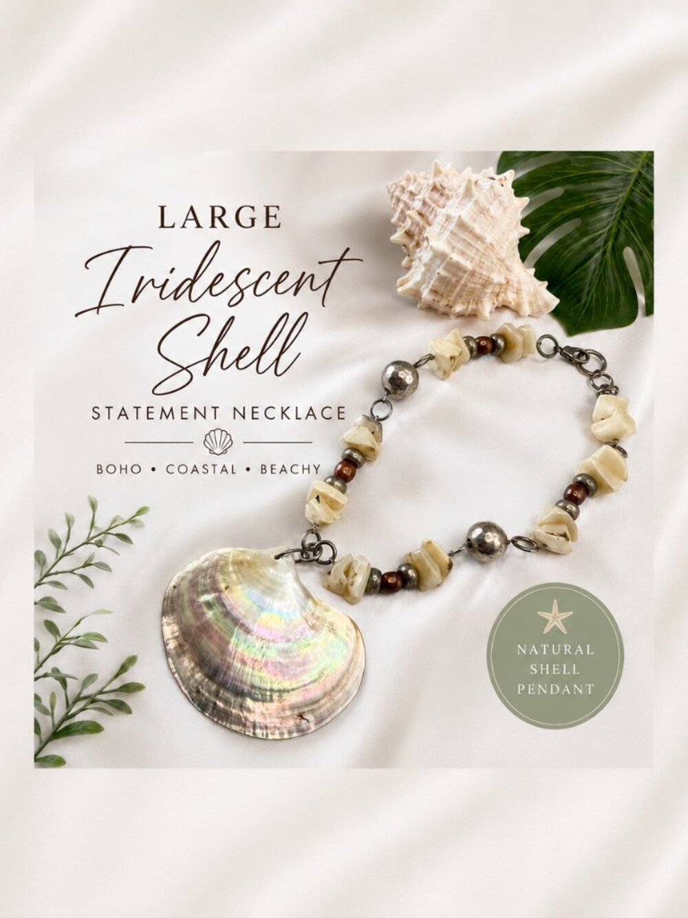 Large Iridescent Natural Shell Statement Necklace